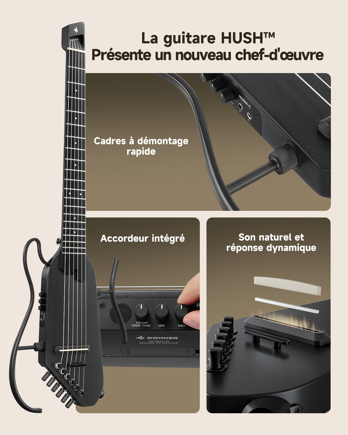 Donner HUSH™ C Guitare Nylon Voyage Électro-Acoustique-Noir##