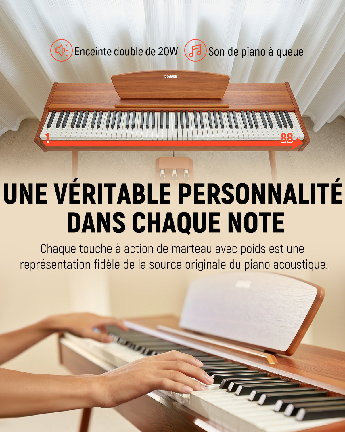 Donner DDP-80 Motif de Bois Piano Numérique-Son amélioré##