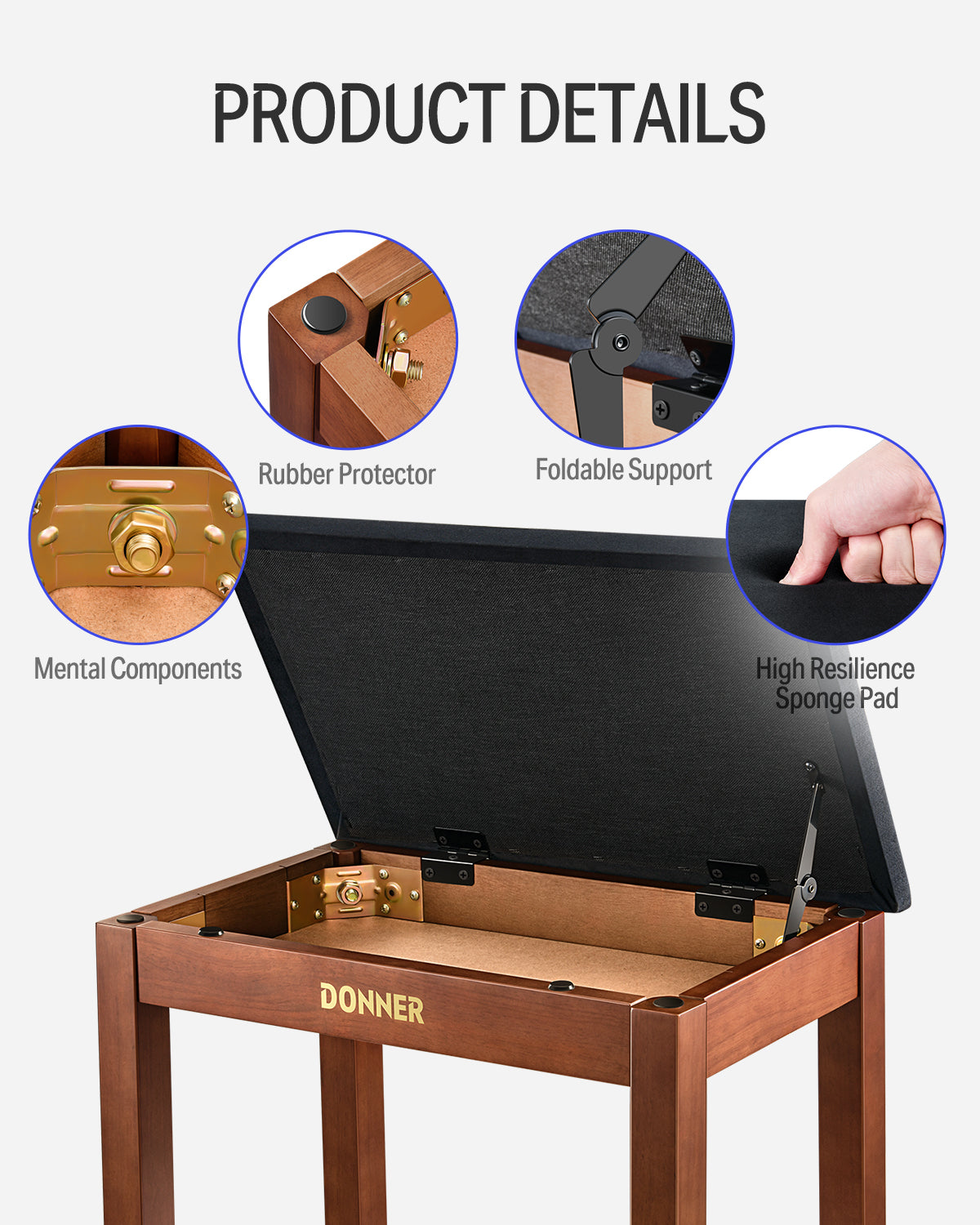 Donner DKB-10 Bois Massif Banc Piano avec Rangement-Marron##