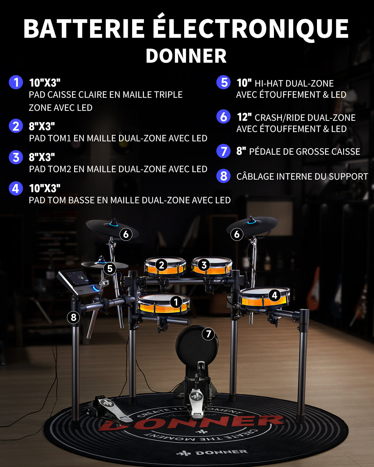 Donner BackBeat Batterie électronique avec lumières LED personnalisables et écran tactile de 7 pouces