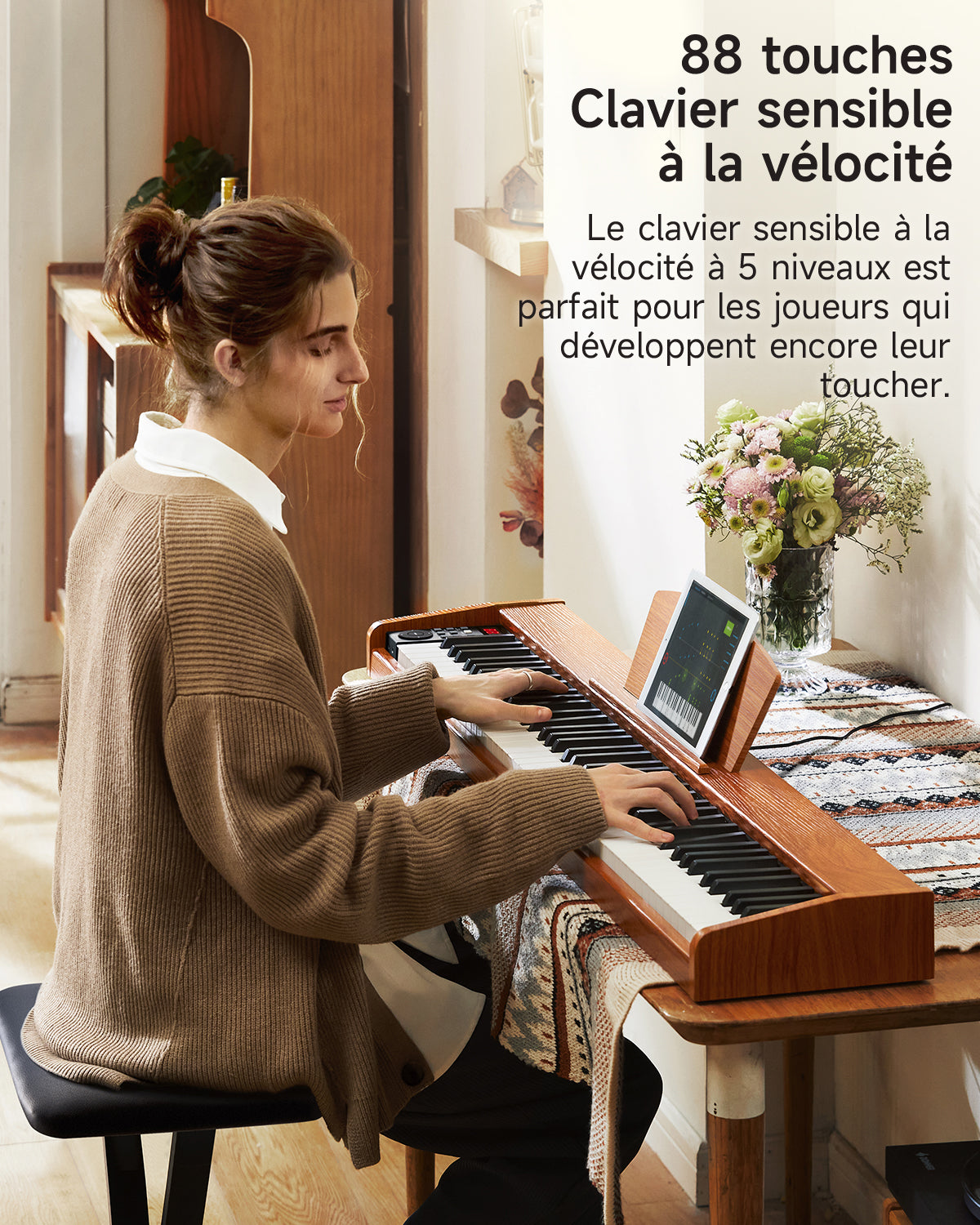 Piano Donner DEP-1S montrant le panneau de commandes et l'affichage LED