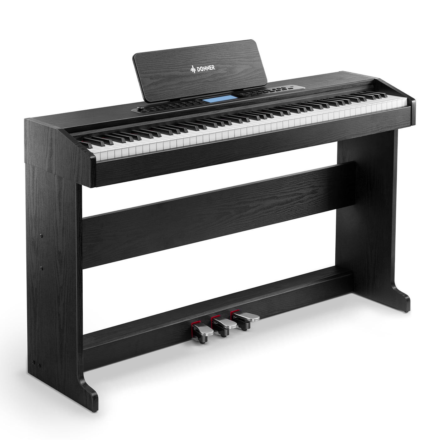 Piano Donner DDP-95 vu de trois quarts, montrant le meuble blanc et le triple pédalier
