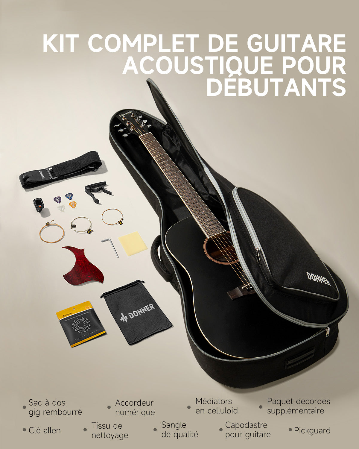 ☆ DONNER アコースティックギター DAG-1CB ブラック ドナー DAG-1CB Acoustic Guitar – 41” Beginner Kit - Donner