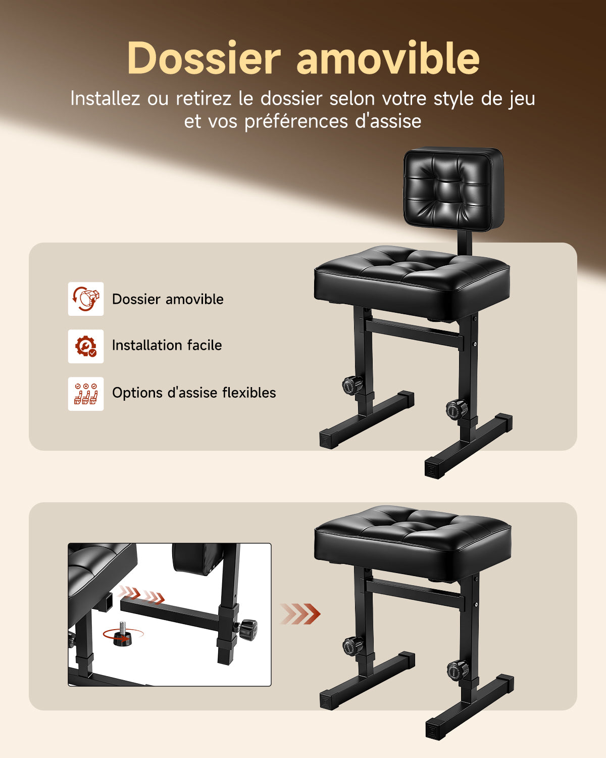 Donner Banc de piano individuel rembourré avec dossier