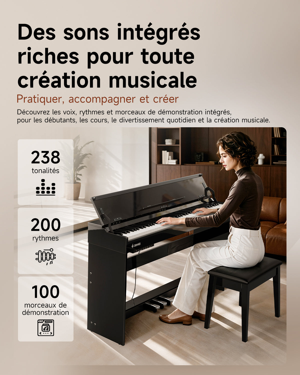 Donner DDP-75 Piano Numérique Droit Noir Laqué, 88 Touches à Action de Marteau