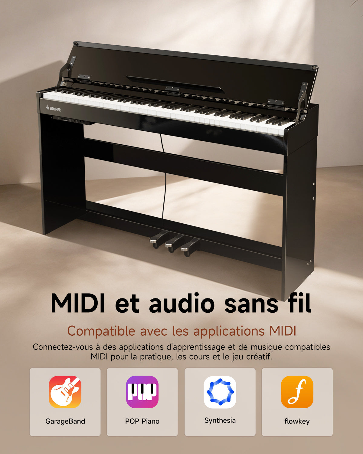 Donner DDP-75 Piano Numérique Droit Noir Laqué, 88 Touches à Action de Marteau