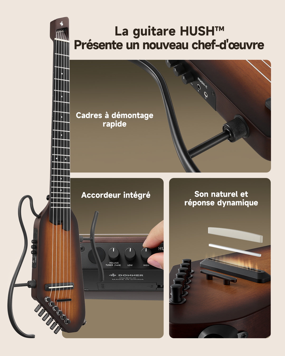 Donner HUSH™ C Guitare Nylon Voyage Électro-Acoustique-Sunburst##