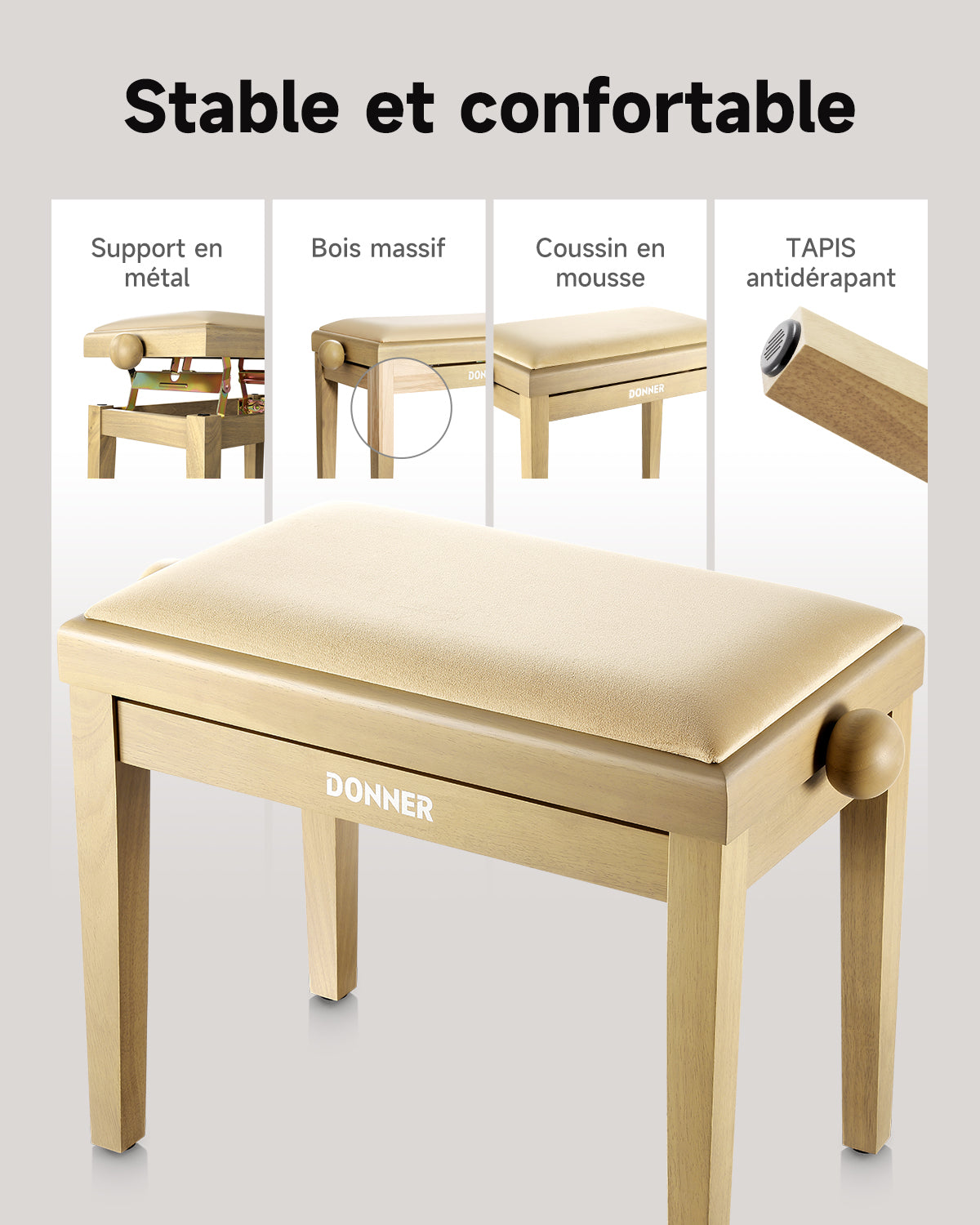 Donner Tabouret De Piano À Hauteur Réglable-Beige mat##