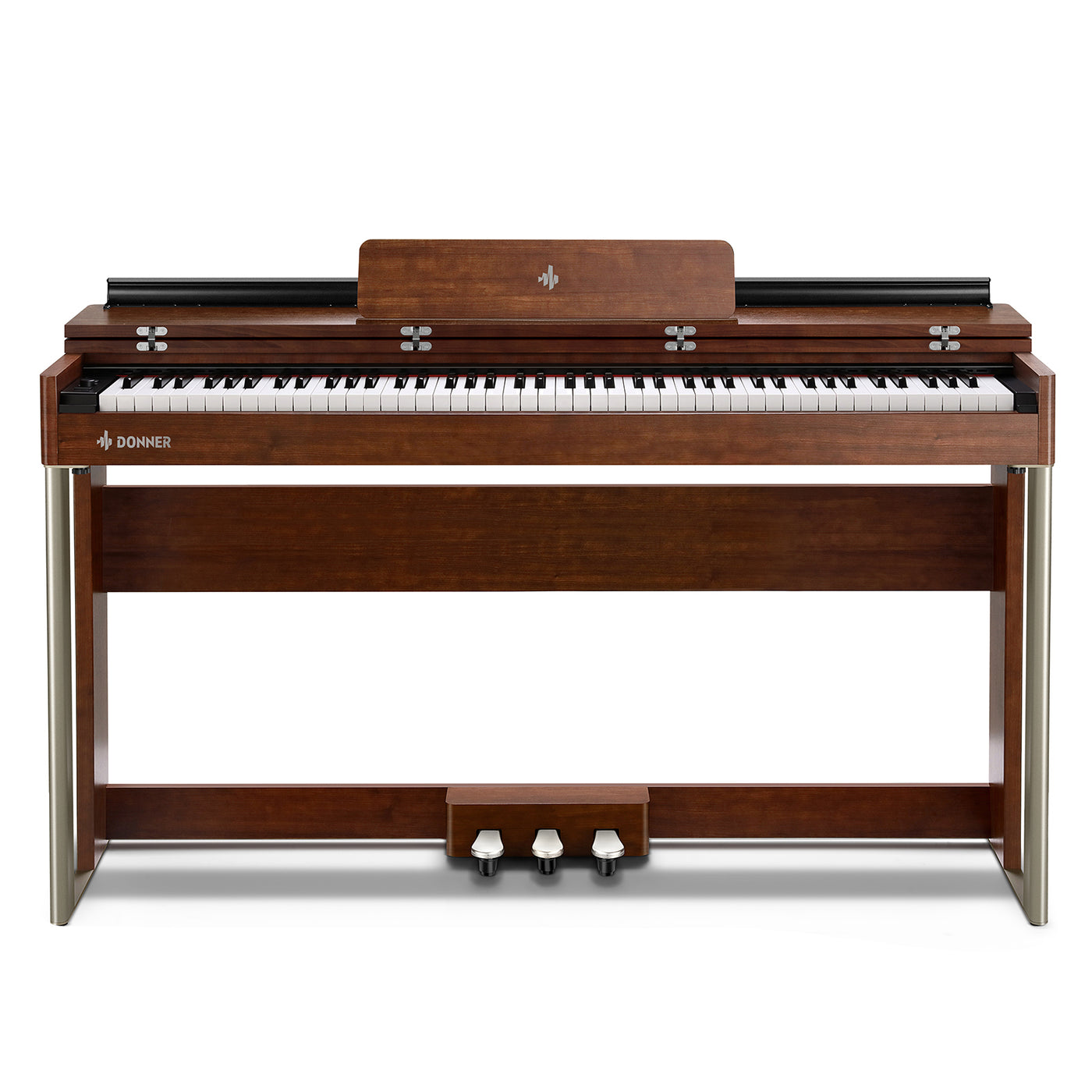 Piano numérique Donner DDP-200 MK2 en finition grain de bois, vu de face avec son clapet magnétique ouvert et pupitre intégré