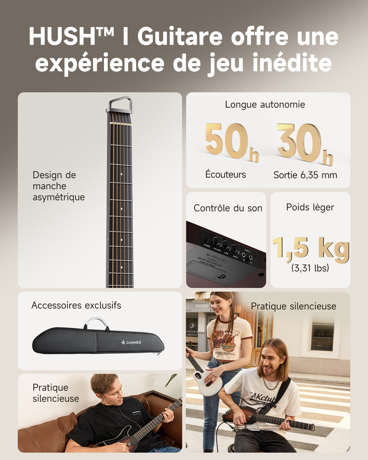 Donner HUSH™ I Guitare de Voyage Ultra-Légère-Sunburst##