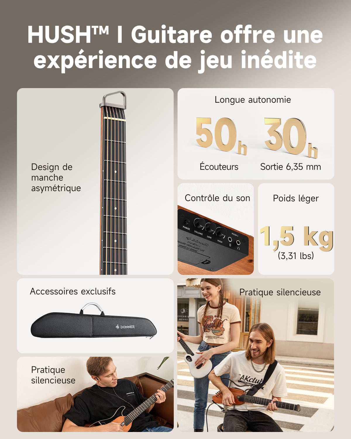 Donner HUSH™ I Guitare de Voyage Ultra-Légère-Acajou##