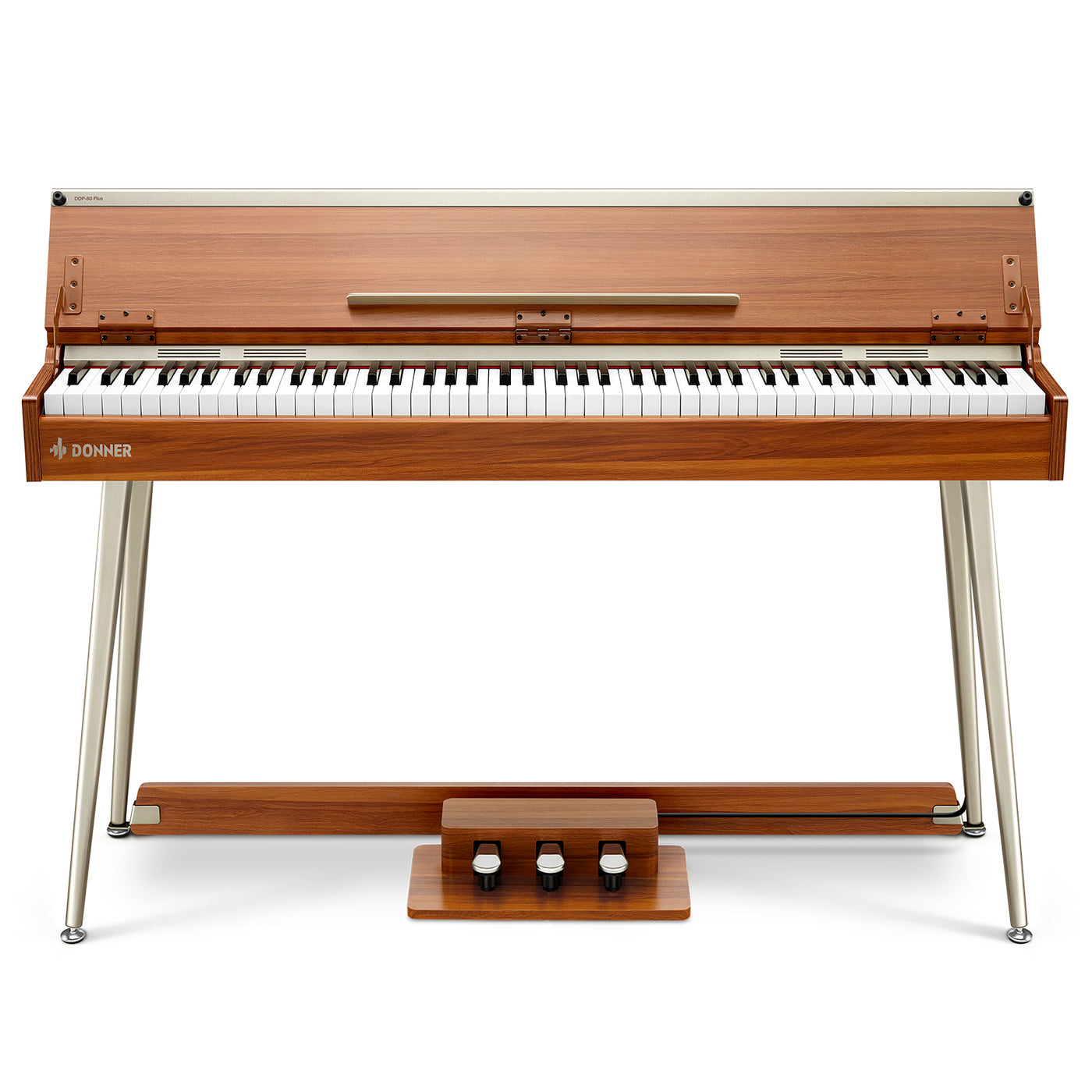 Piano Donner DDP-80 PLUS vu de côté, montrant la finition bois naturel et le couvercle semi-ouvert