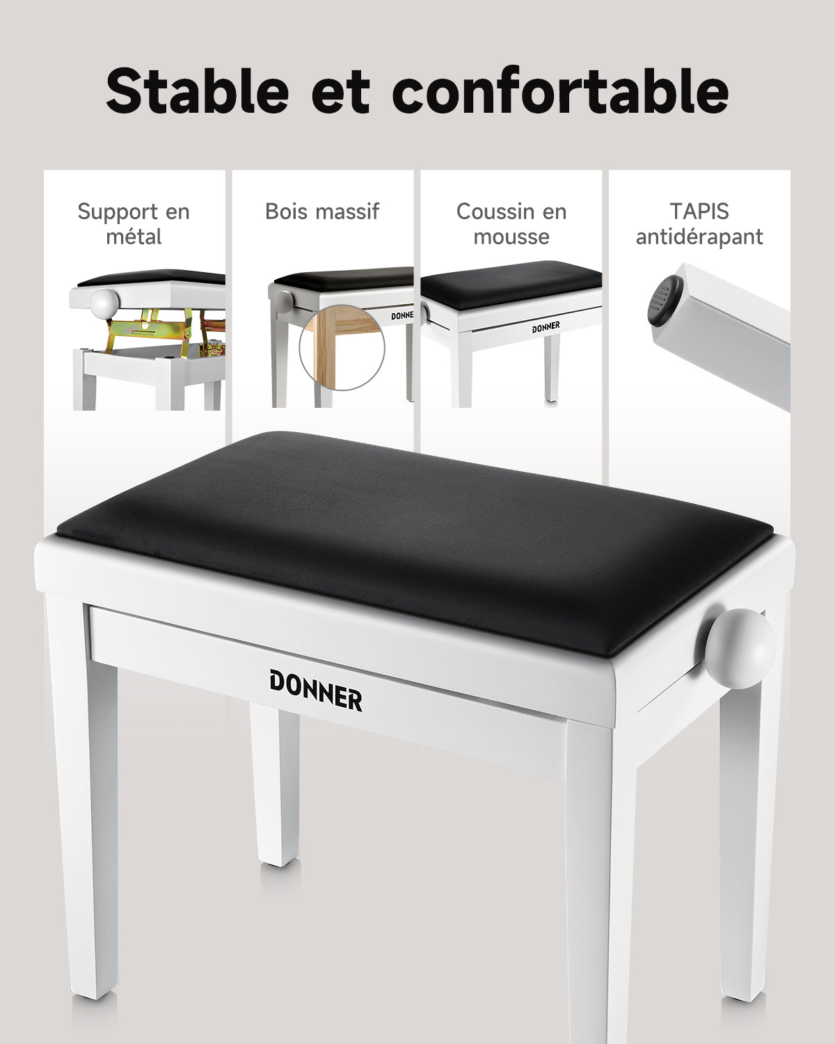 Donner Tabouret De Piano À Hauteur Réglable-Blanc mat##