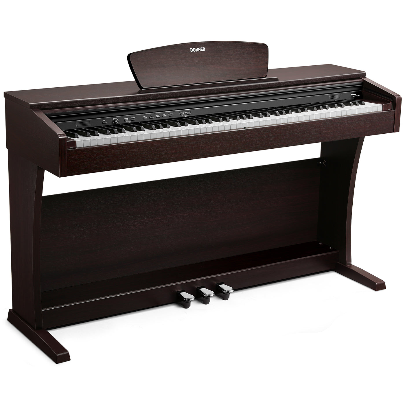 Piano numérique Donner DDP-300 en finition bois, vu de face avec son couvercle coulissant et son pédalier triple