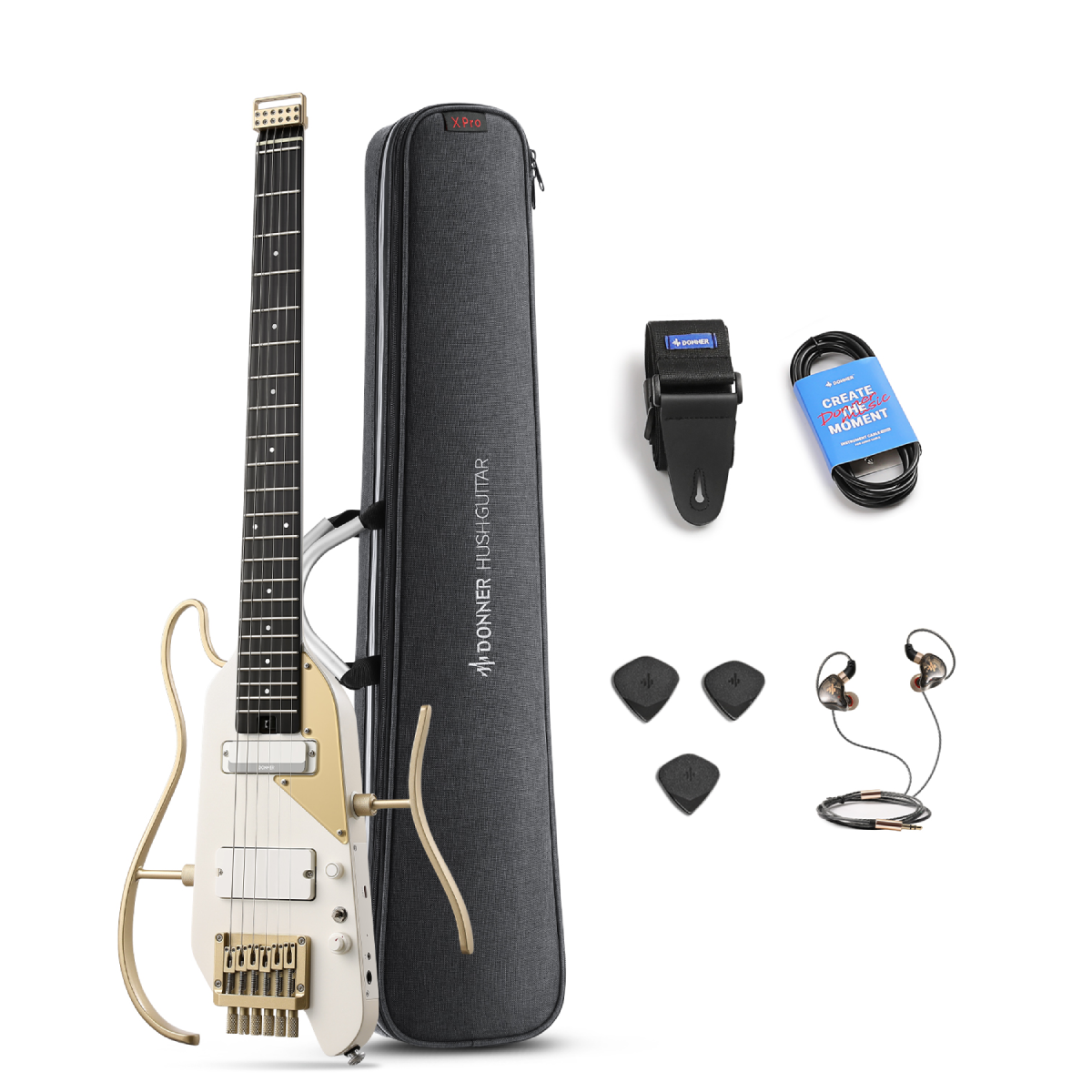 Donner HUSH X™ PRO Guitare Électrique-Blanc-Or##
