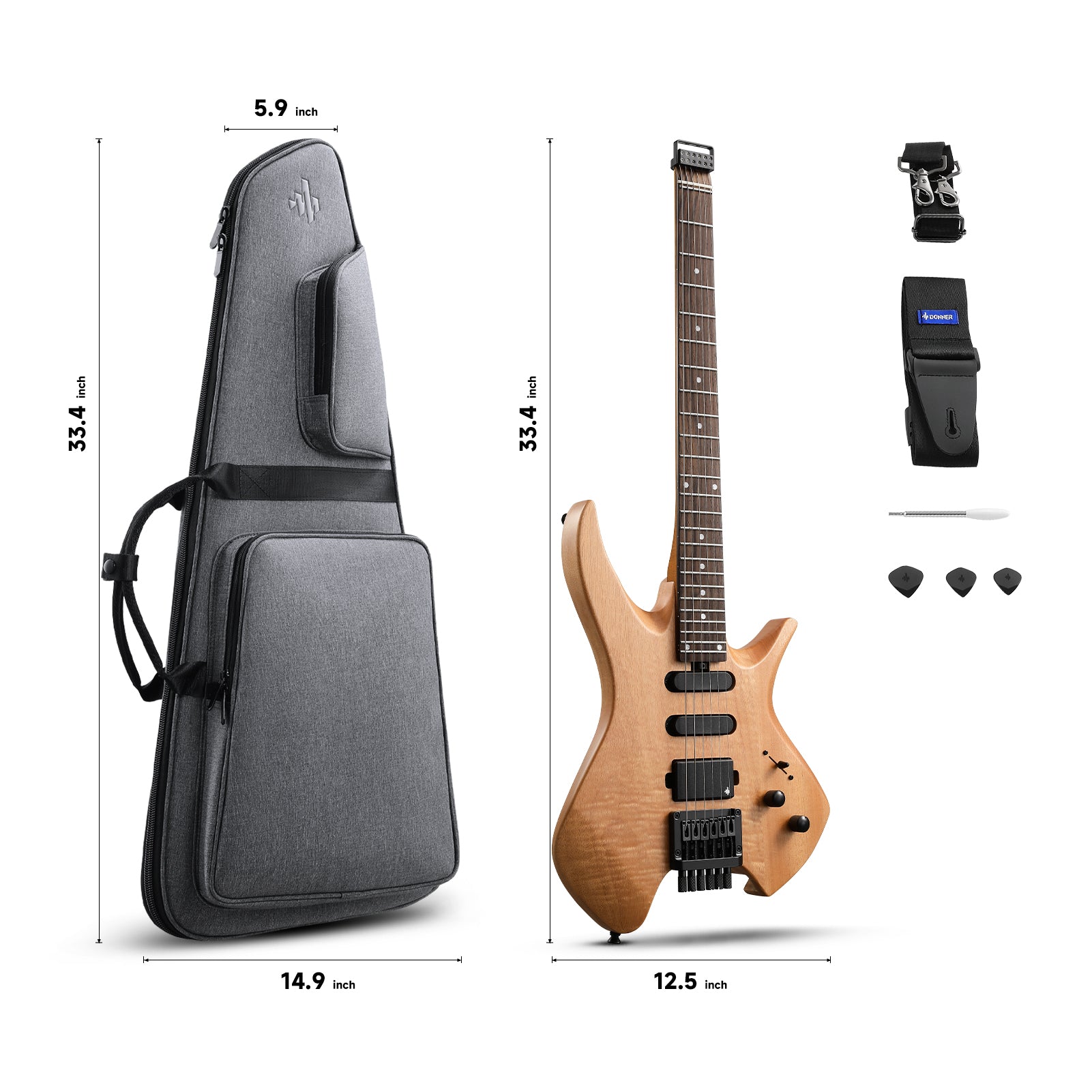 Donner NHL-500 Guitare Électrique Sans Tête-Bois naturel##