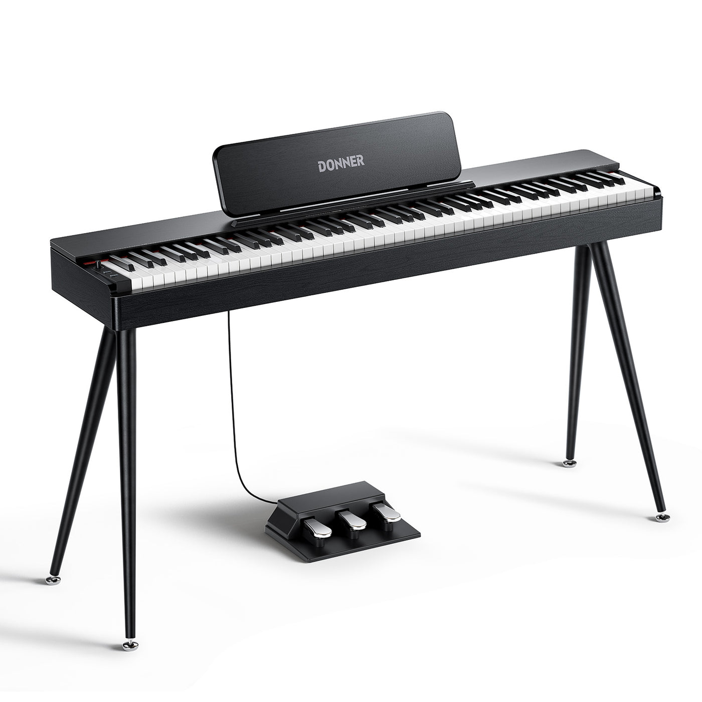 Piano numérique Donner OURA S100 en finition noire, vu de face sur ses pieds tubulaires dégradés