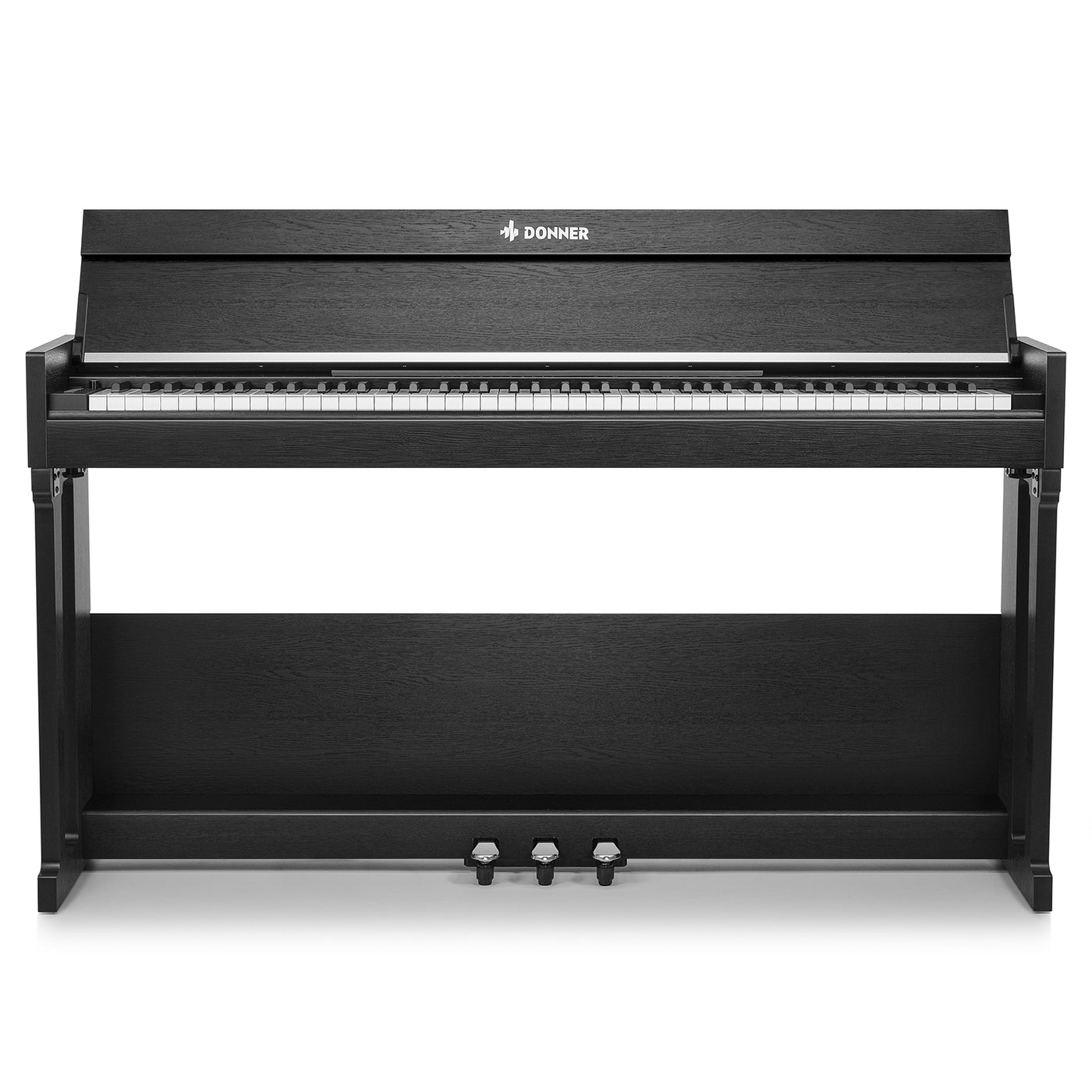 Piano Donner DDP-90 PRO vu de profil montrant le mécanisme du couvercle rabattable avec ralentisseur