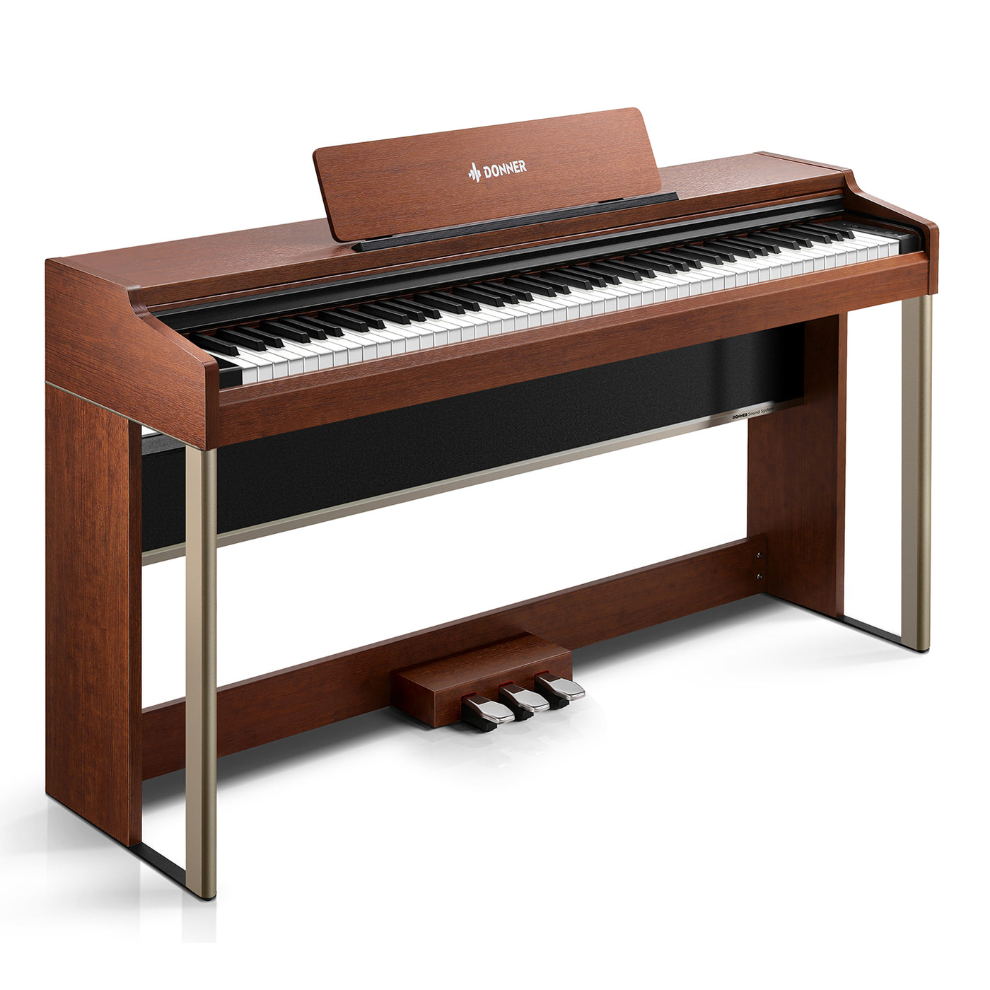 Piano numérique Donner DDP-200 PRO en finition brun foncé, vu de face avec son écran tactile et son couvercle coulissant