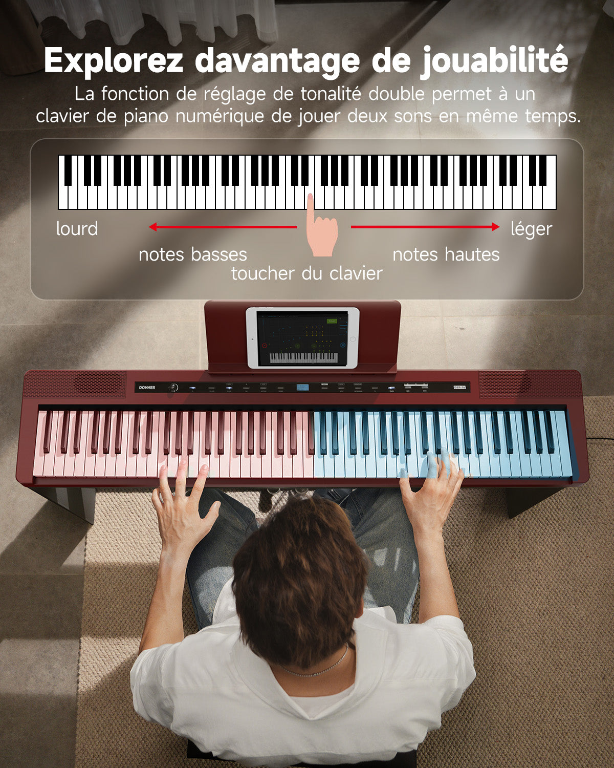Donner DEP-16S Piano numérique Avec Support en Bois (Rouge)