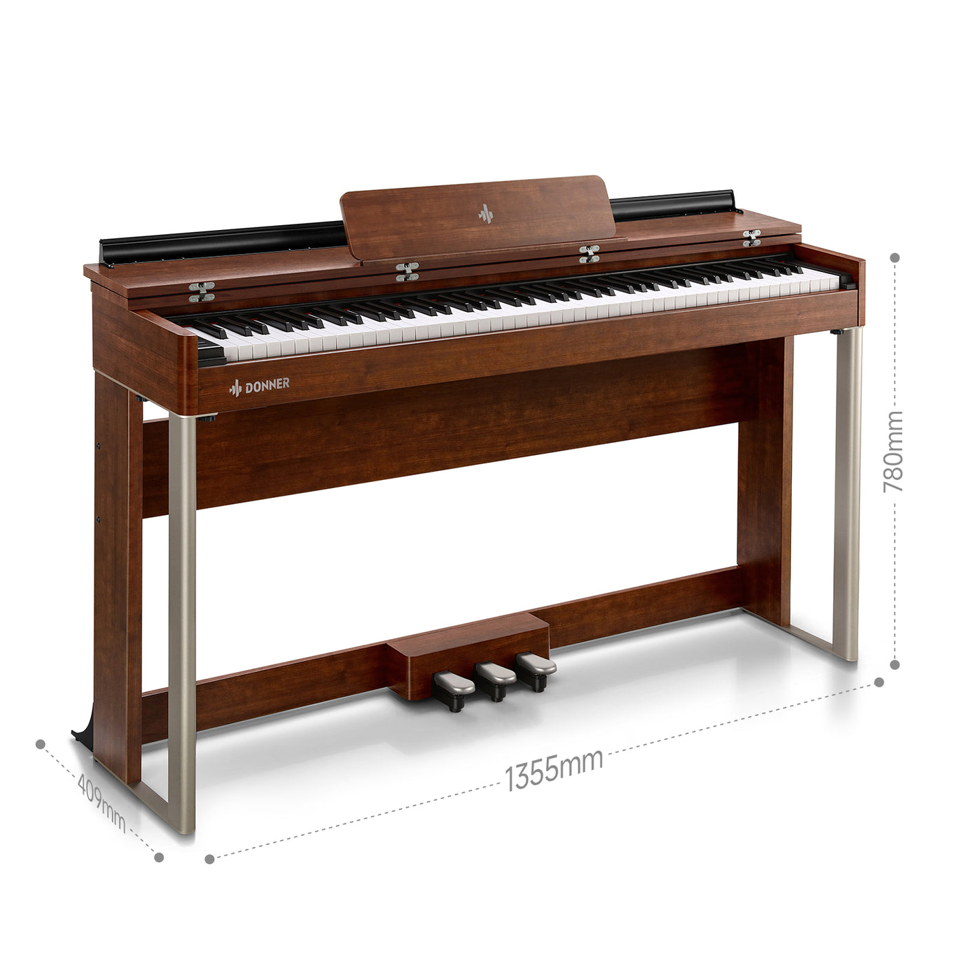 Piano Donner DDP-200 MK2 vu de profil, montrant le clapet magnétique et le pupitre intégré