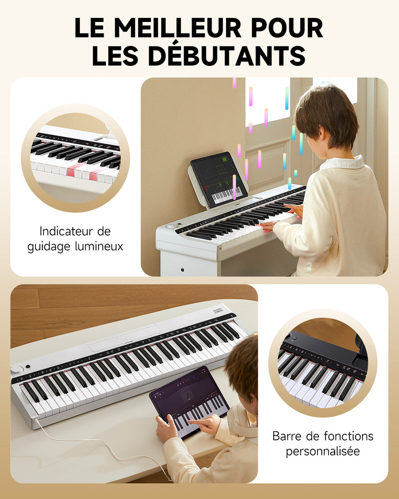 Donner Clavier électronique Piano 61 touches, indicateur lumineux Guidance Designed for Beginners, with Detachable Piano Stand, Music Stand, DK-10S Blanc