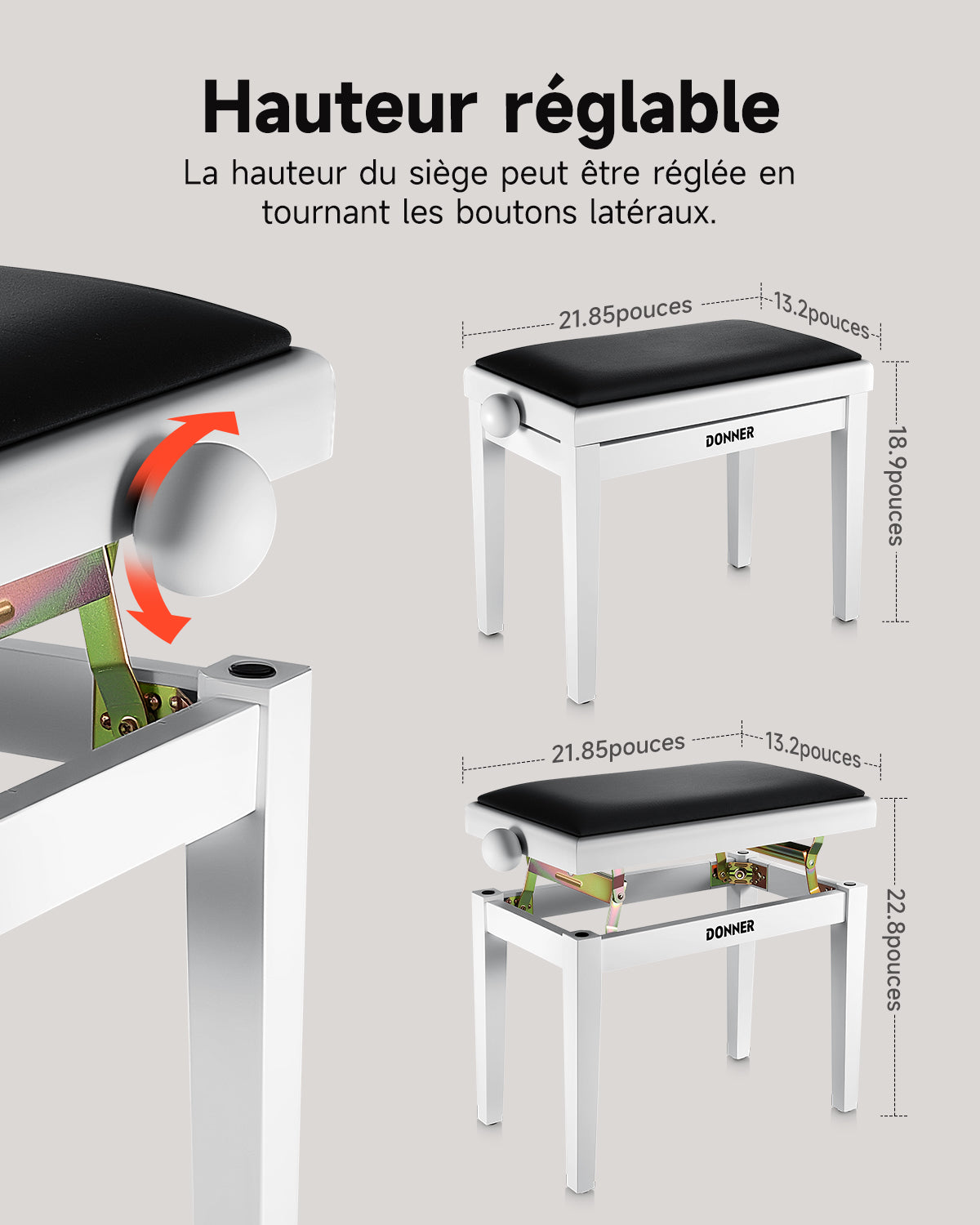 Donner Tabouret De Piano À Hauteur Réglable-Blanc mat##