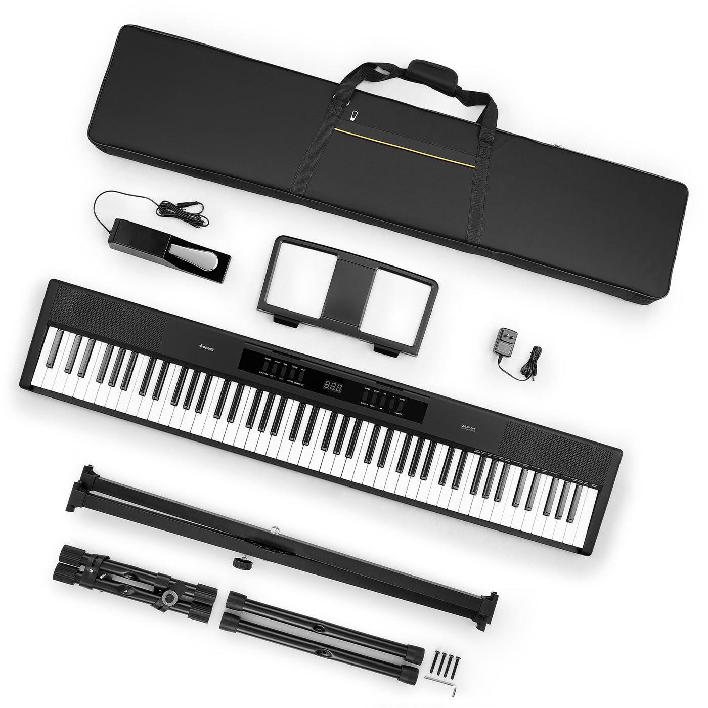 Piano Donner DEP-07 vu de dessus, montrant le clavier 88 touches et les commandes du panneau