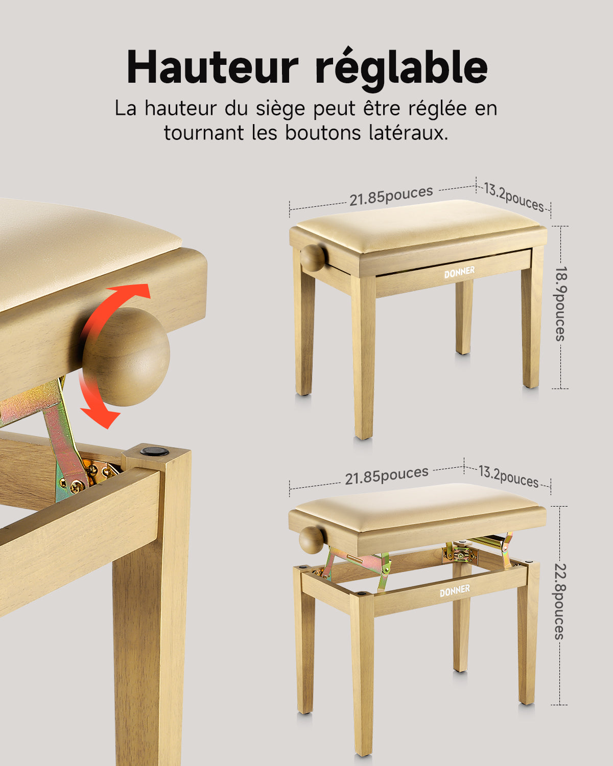 Donner Tabouret De Piano À Hauteur Réglable-Beige mat##
