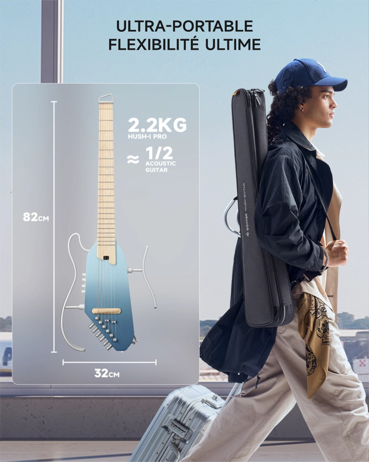Donner HUSH™ I PRO Electro-Acoustique Guitare Voyageuse-Bleu Hawaï##