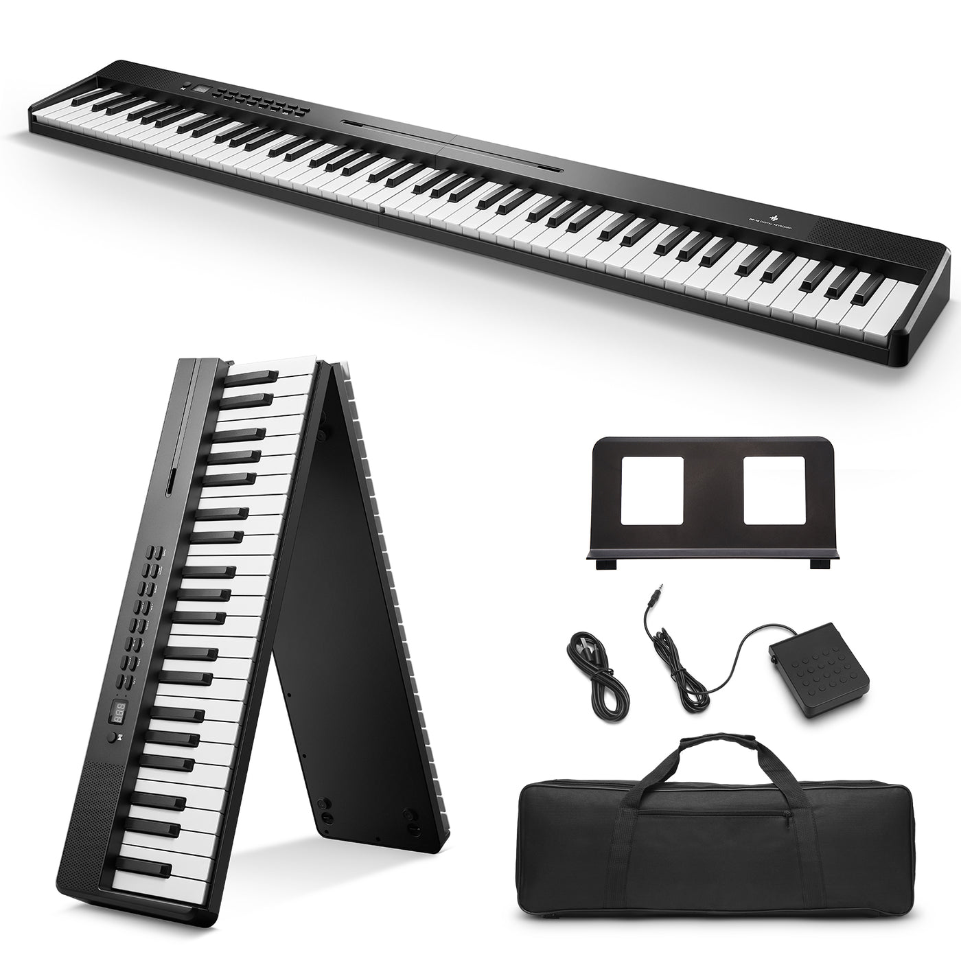 Piano Donner DP-10 plié en deux, montrant le format compact et la charnière centrale