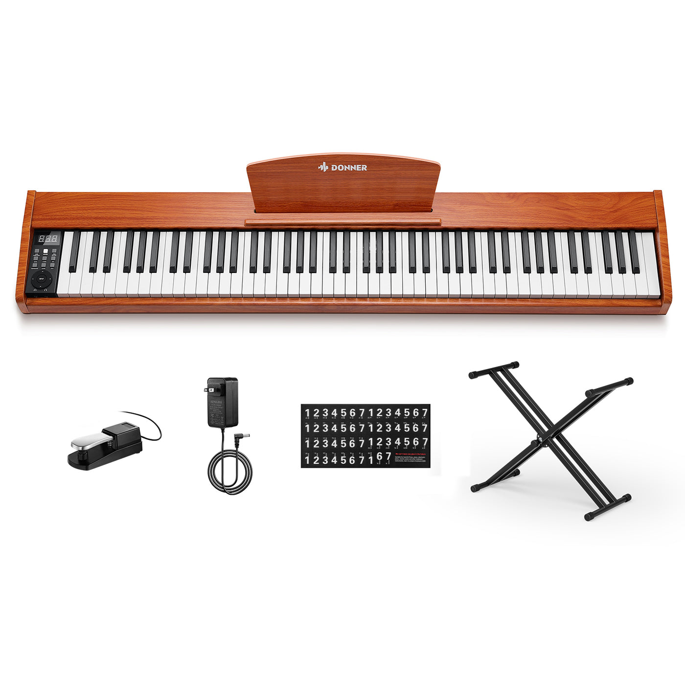 Piano Donner DEP-1S vu de profil, montrant la finition bois et le support en X