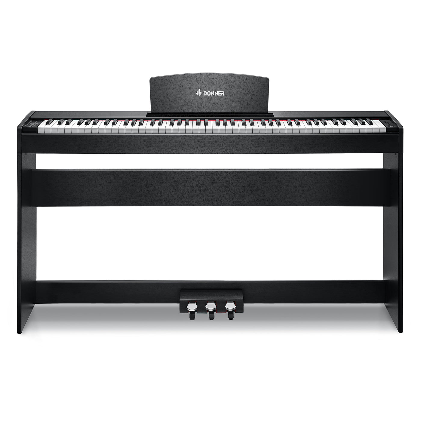 Piano Donner DDP-50 vu de trois quarts, montrant la finition bois et le support