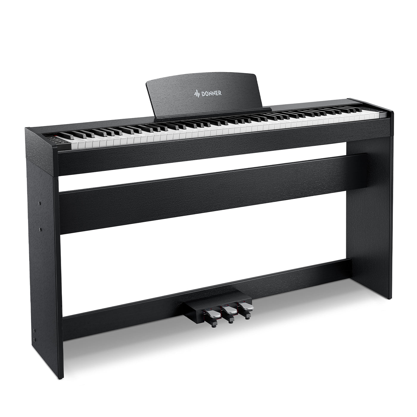 Piano numérique Donner DDP-50 en finition bois noire, vu de face sur son meuble avec pupitre