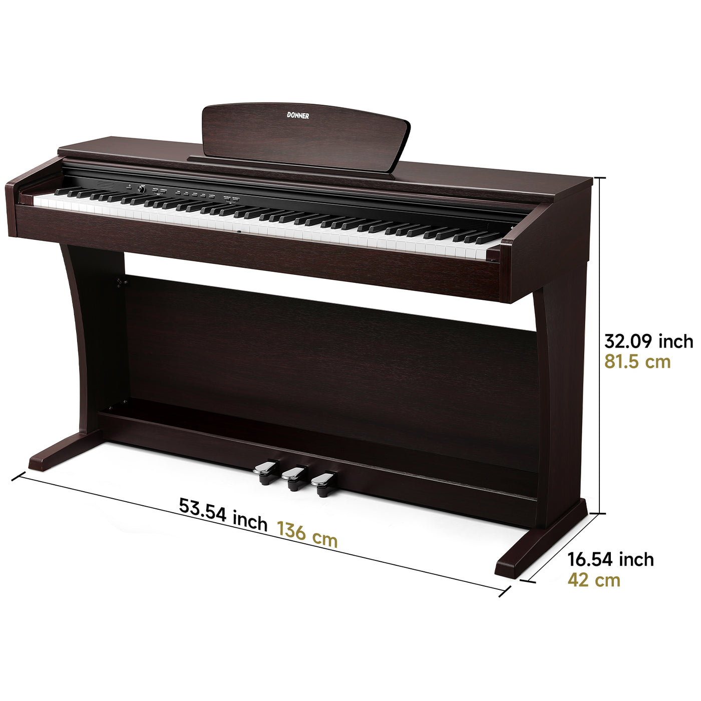 Piano Donner DDP-300 vu de dos montrant la connectique arrière : port MIDI, sortie audio, alimentation