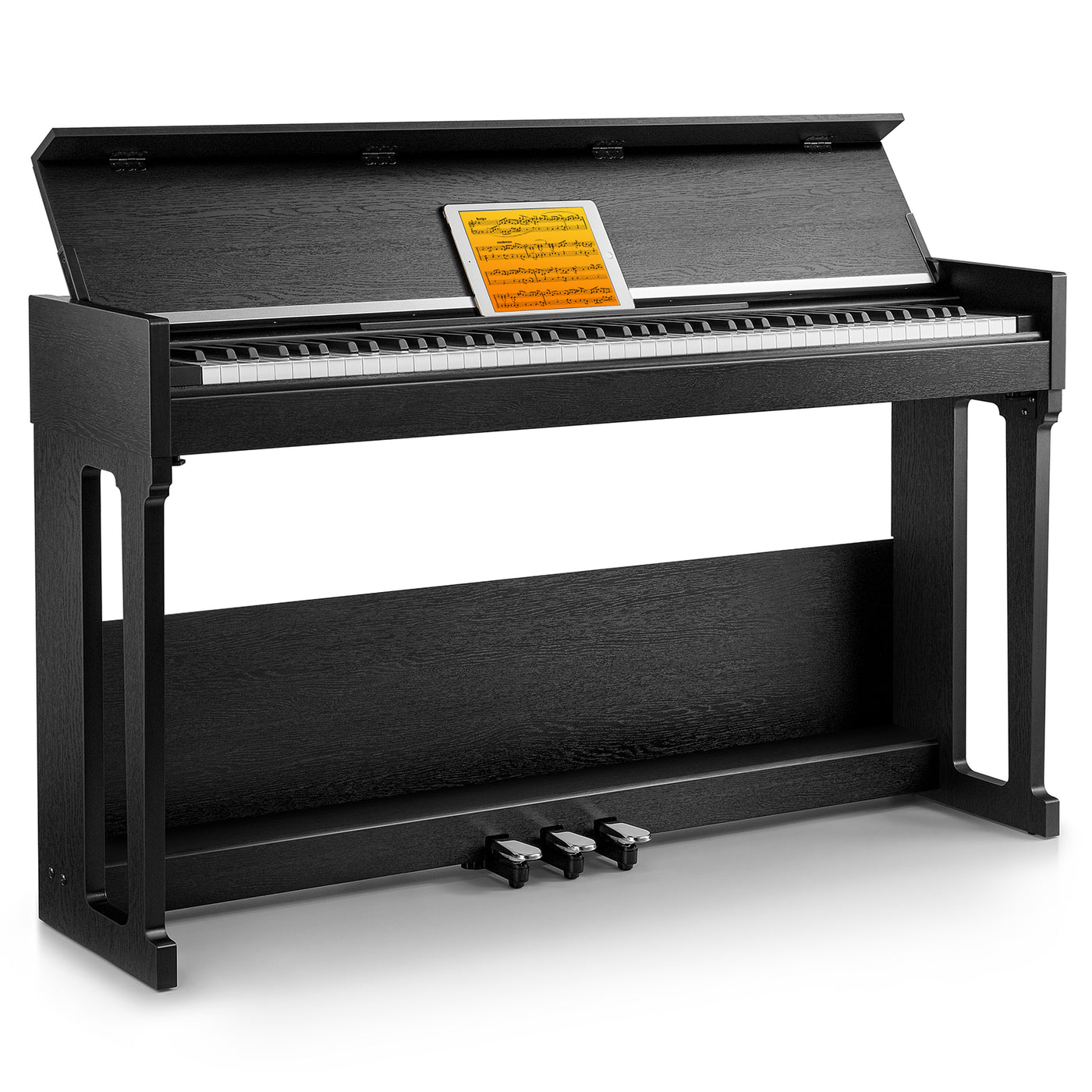 Piano numérique Donner DDP-90 PRO en finition noire, vu de face avec son couvercle rabattable ouvert et écran LCD
