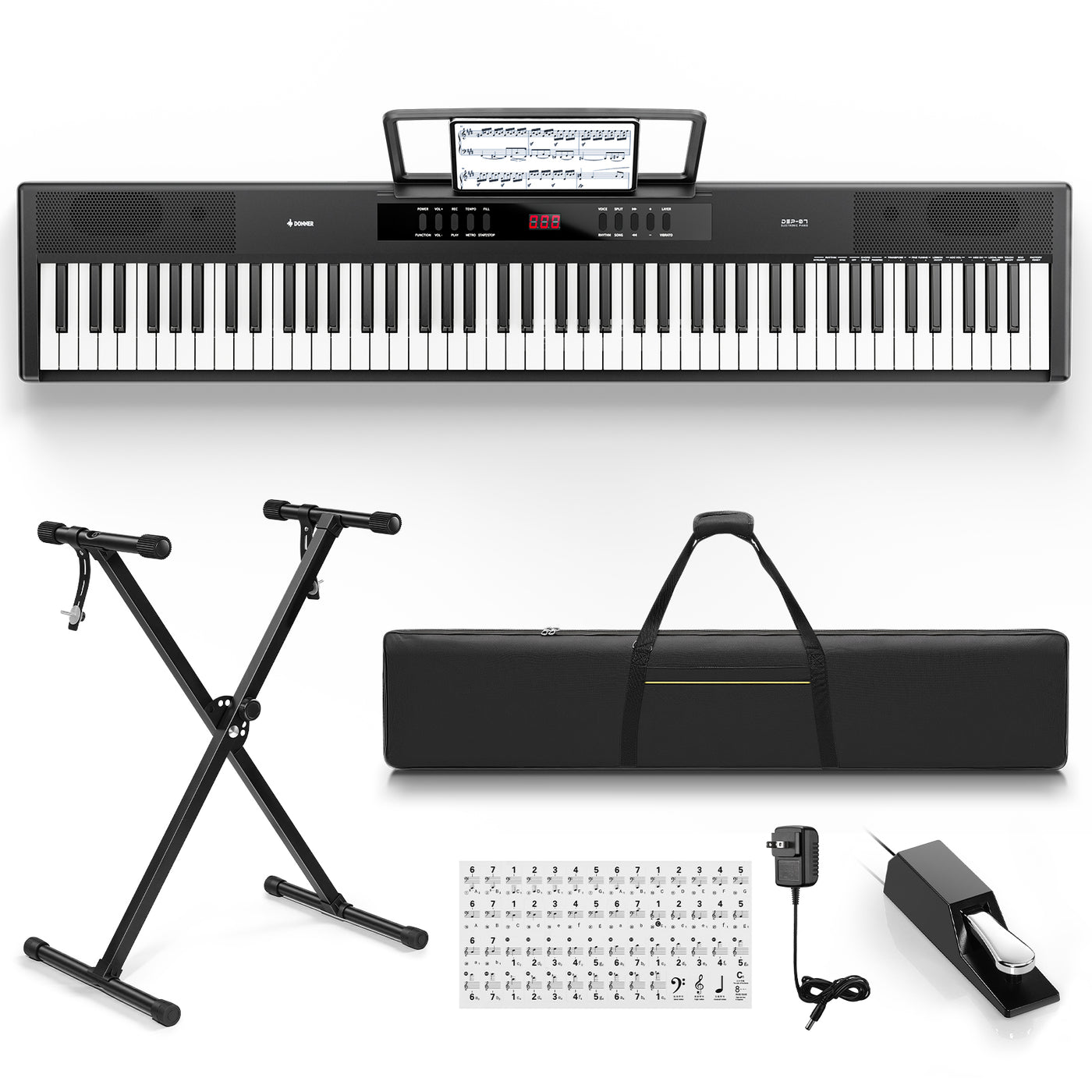 Piano Donner DEP-07 vu de profil, montrant l'épaisseur ultra-fine de 8 cm