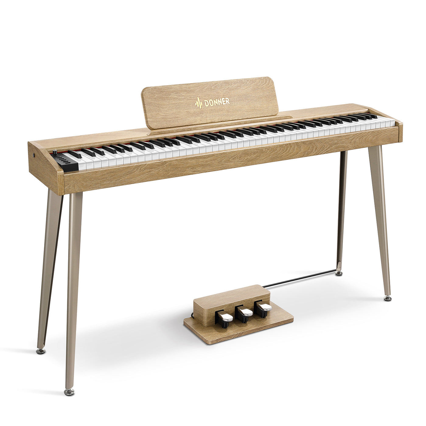 Piano numérique Donner DDP-60 en finition bois clair, vu de face avec son bloc de trois pédales et son pupitre