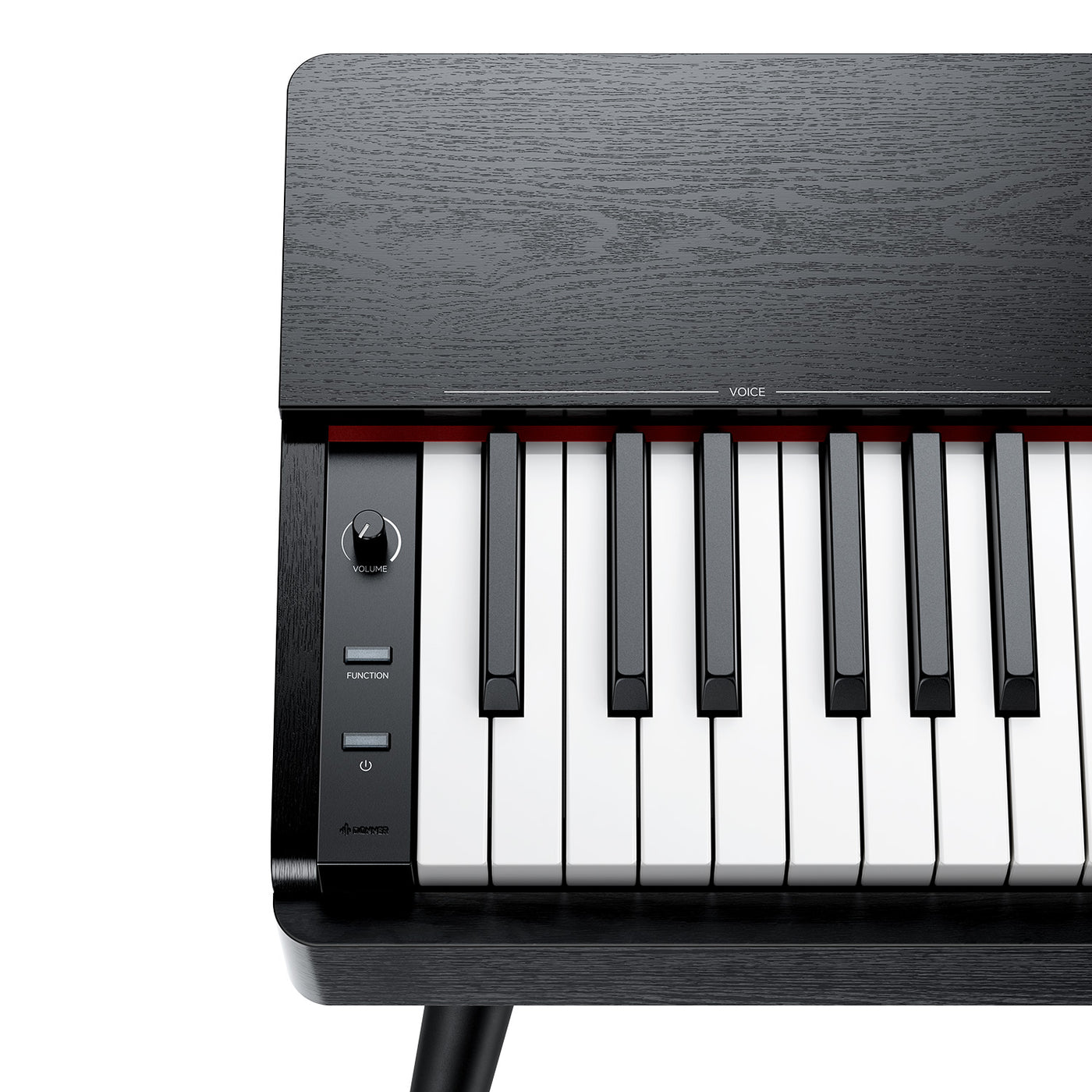 Piano Donner OURA S100 vu de trois quarts, montrant les pieds tubulaires dégradés et la finition mate
