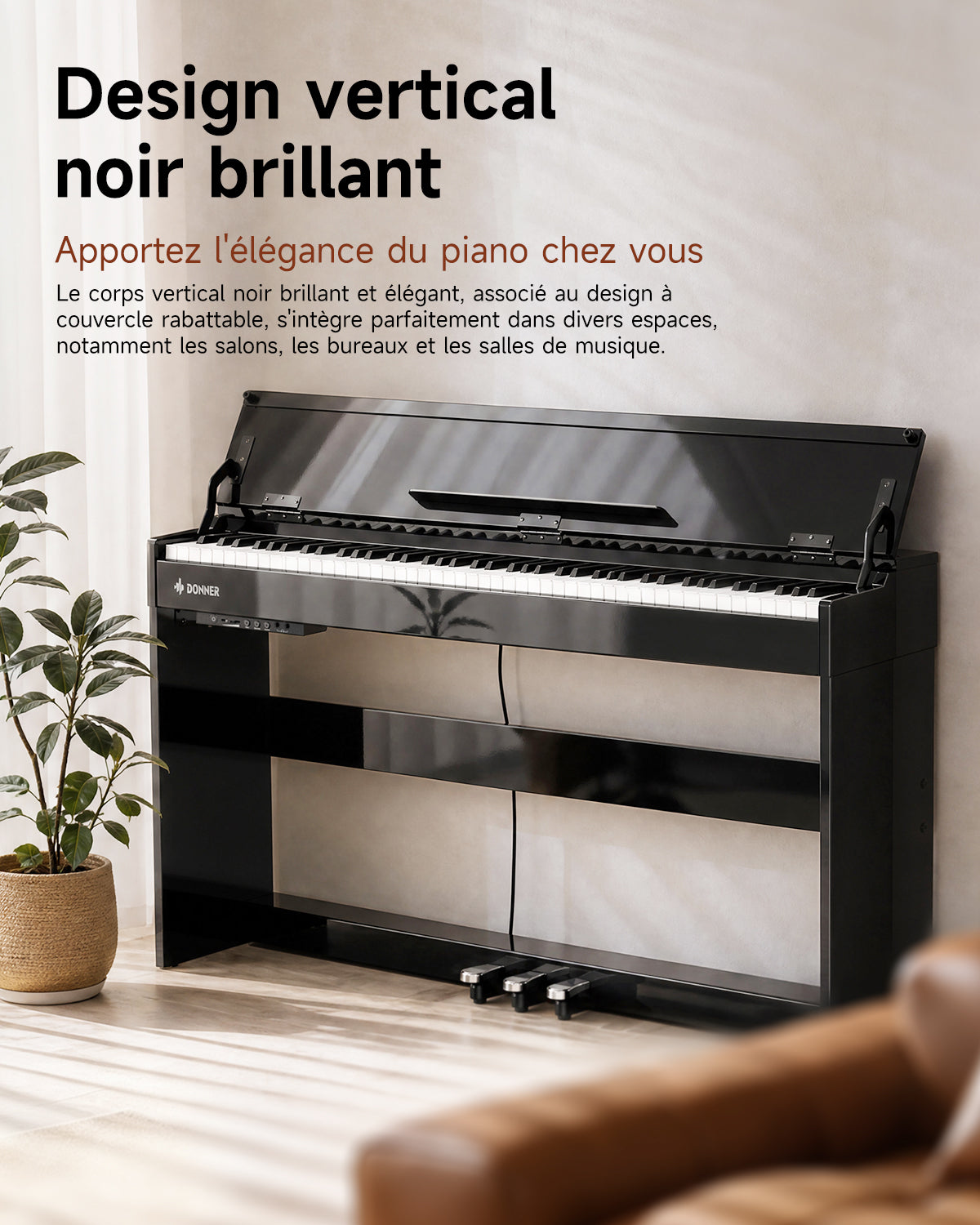 Donner DDP-75 Piano Numérique Droit Noir Laqué, 88 Touches à Action de Marteau