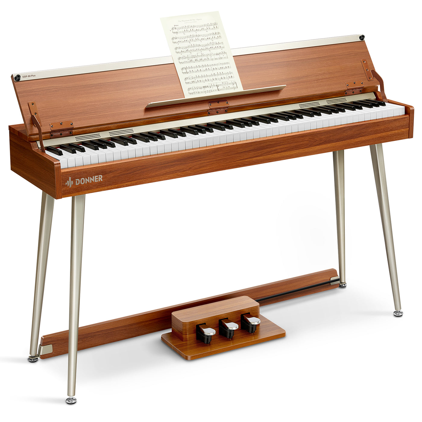 Piano numérique Donner DDP-80 PLUS en finition bois naturel, vu de face avec son couvercle semi-ouvert et détails métal champagne
