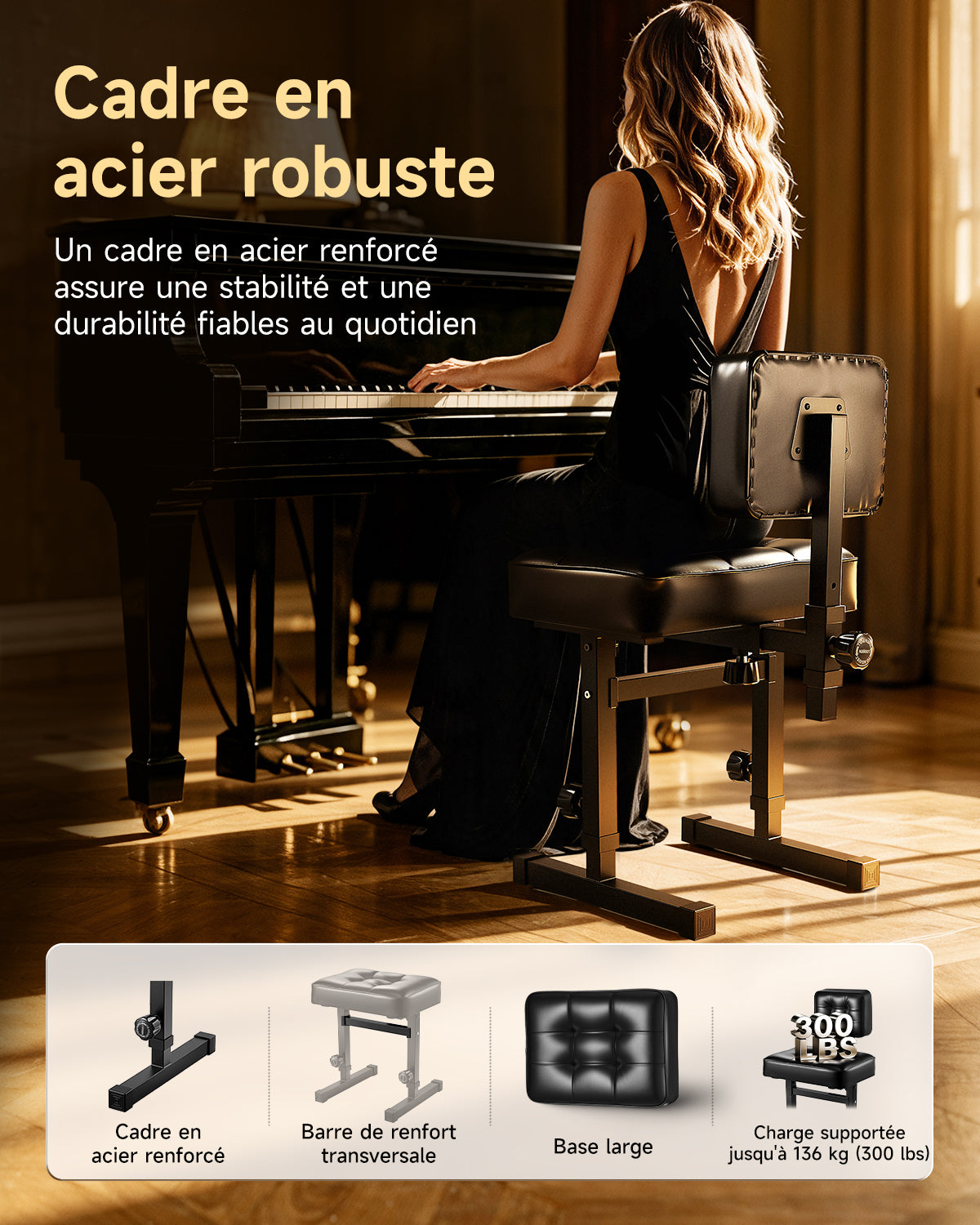 Donner Banc de piano individuel rembourré avec dossier