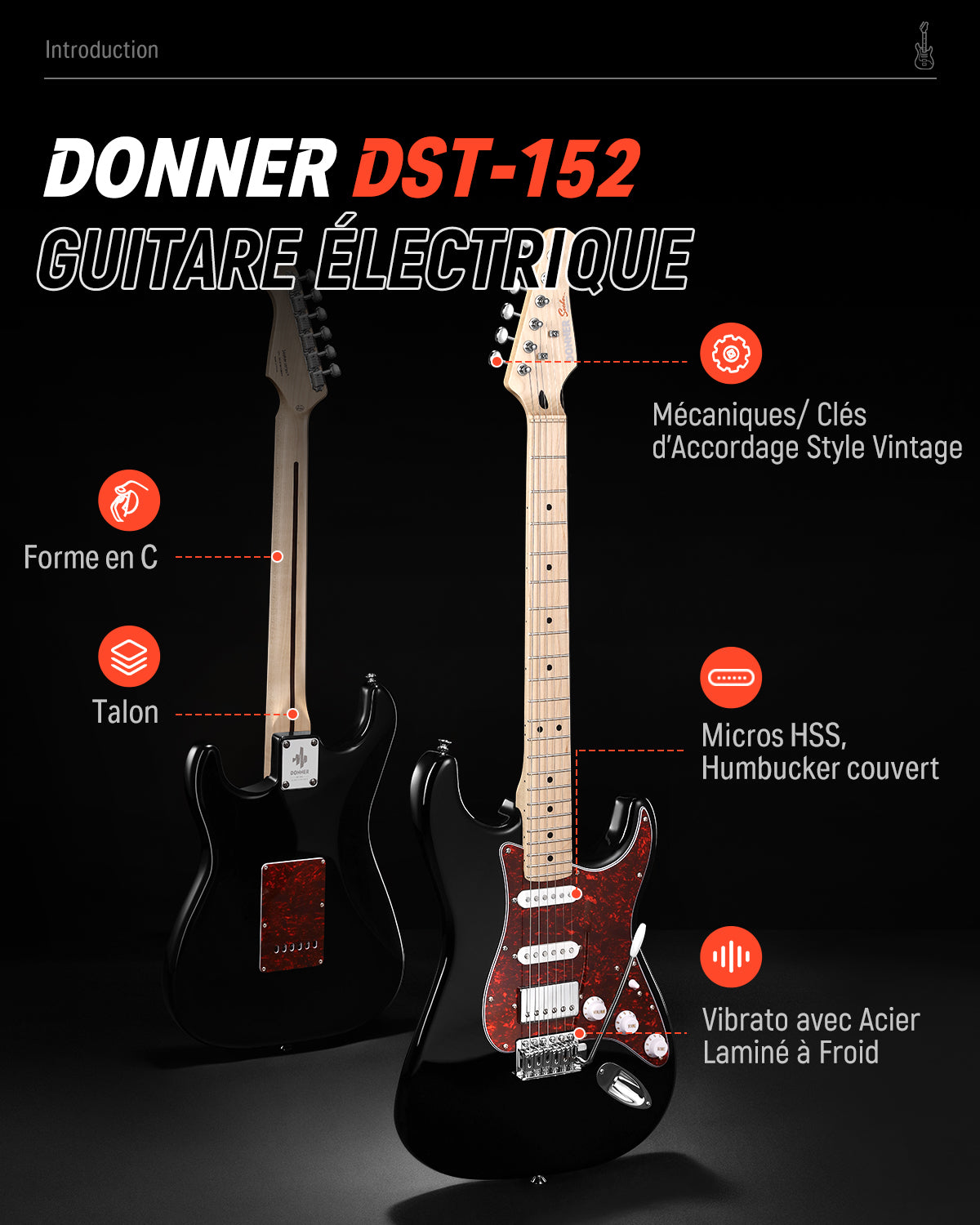 Donner DST-152 Guitare Électrique avec Ampli et Housse-Noir##