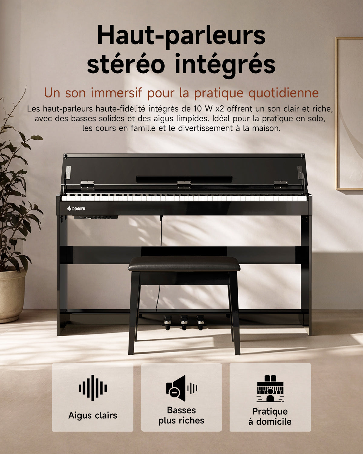 Donner DDP-75 Piano Numérique Droit Noir Laqué, 88 Touches à Action de Marteau