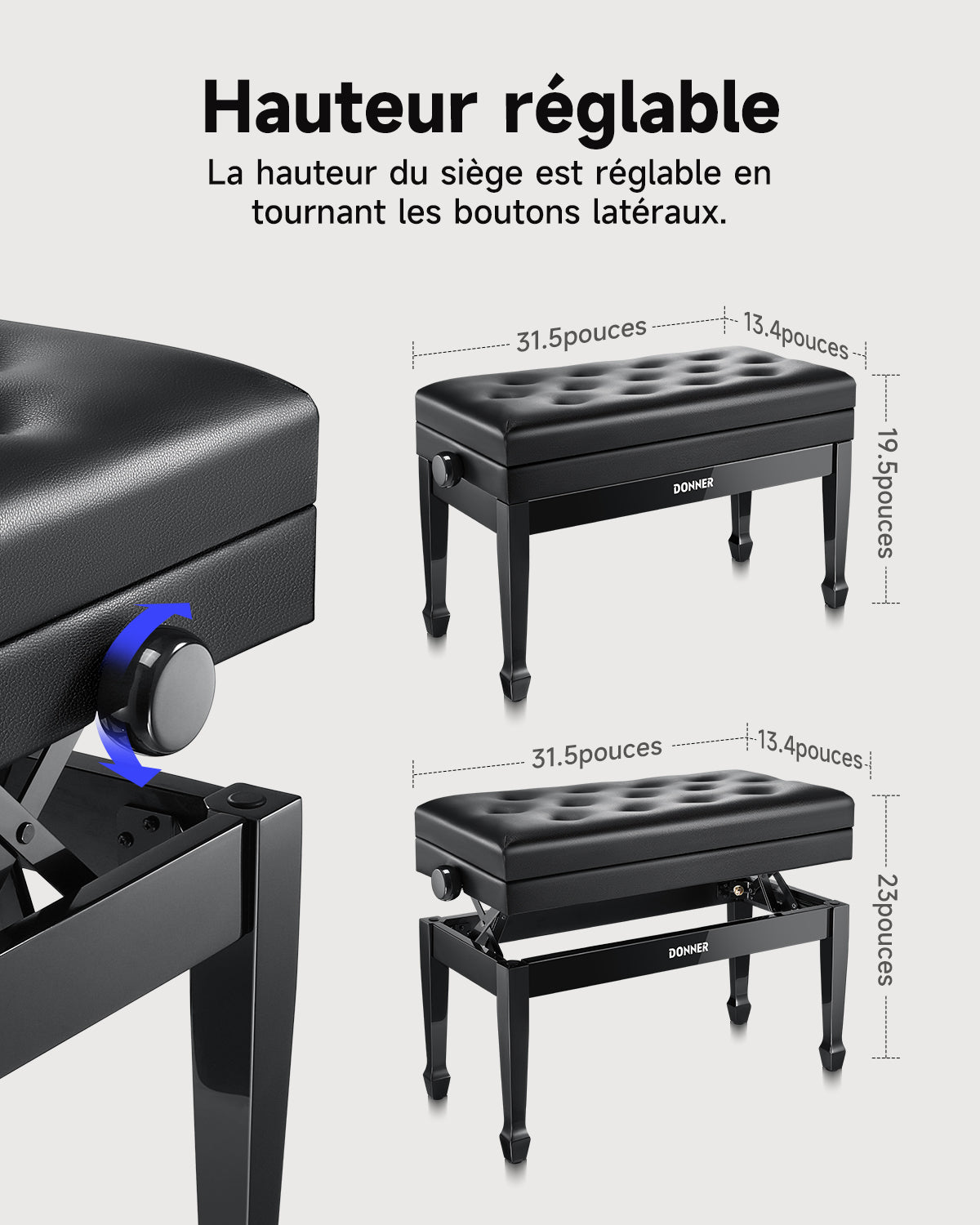 Banc de piano réglable en hauteur Donner Duet avec rangement pour partitions