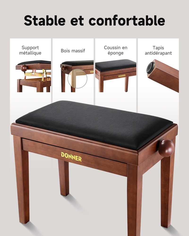 Banc de piano réglable en hauteur Donner, marron mat