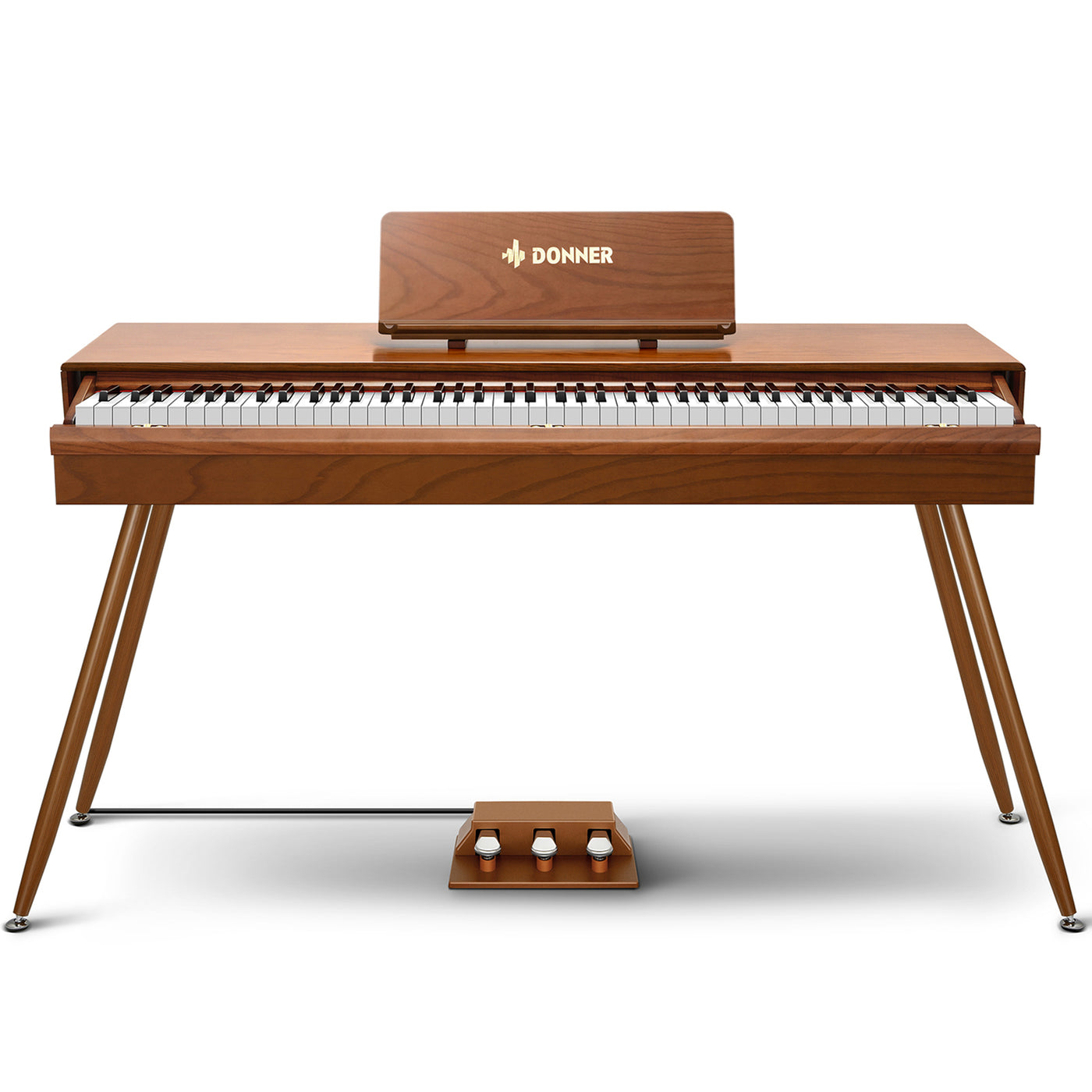 Piano Donner DDP-80 Pro vu de profil, couvercle coulissant fermé, montrant la ligne épurée du meuble