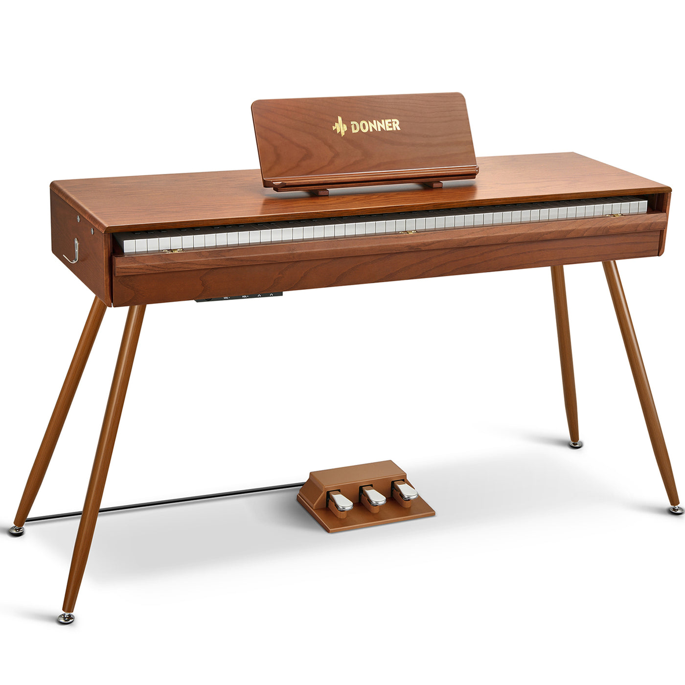 Piano numérique Donner DDP-80 Pro en finition bois, vu de trois quarts avec son couvercle coulissant ouvert et pupitre intégré