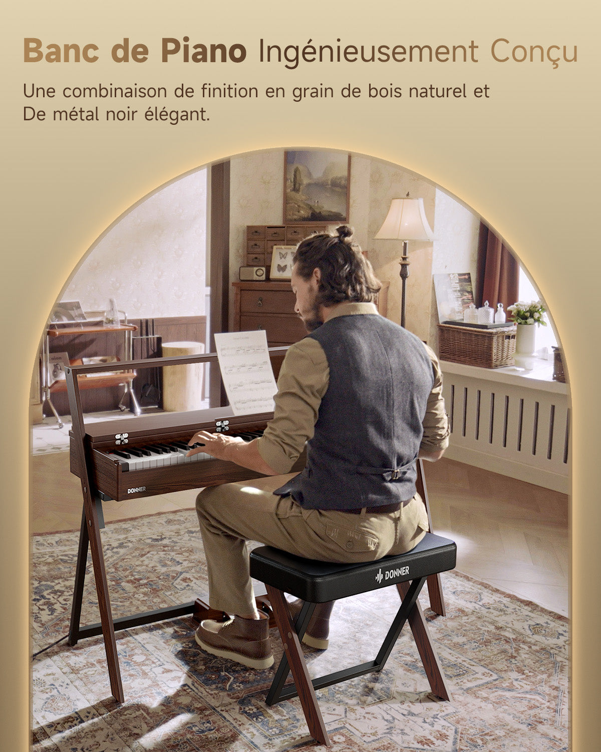 Donner DKB-300 Banquette Piano avec Coussin Épais-couleur noyer##