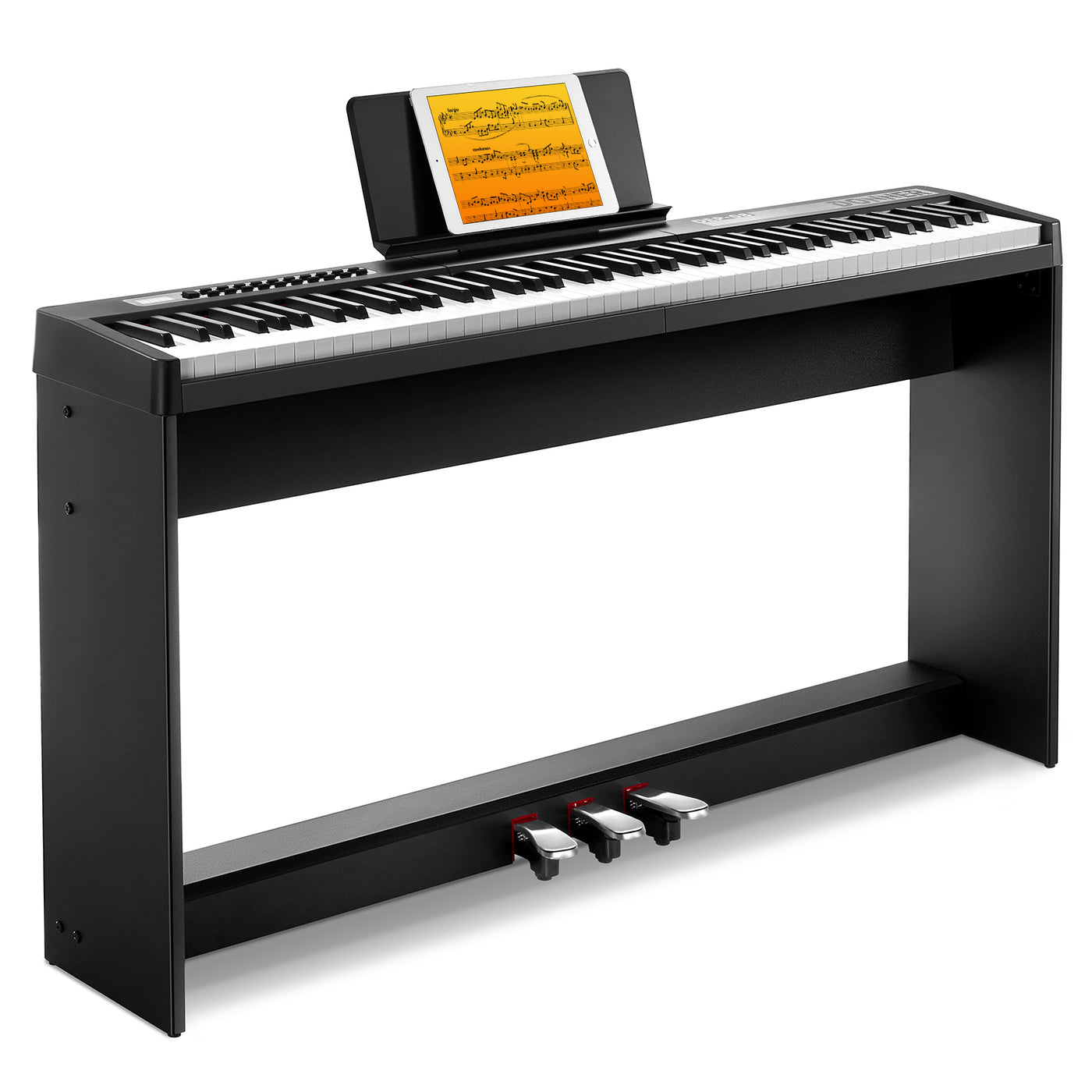 Piano numérique Donner DEP-08 sur son support avec triple pédalier intégré